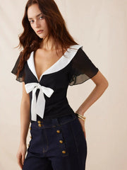 Chiffon Colorblock Collar Ruffle Sleeve Ruched Bowknot Blouse