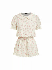 Floral Peter Pan Collar Puff Sleeve Lace Trim Mid Rise Romper