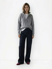 Knit Wool-blend Stand Collar Long Sleeve Half Zip Oversized Top