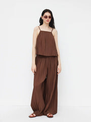 Mid Rise Elastic Waist Pleated Wide Leg Trousers