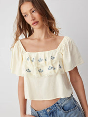 Cotton-blend Floral Embroidery Square Neck Ruffle Sleeve Blouse
