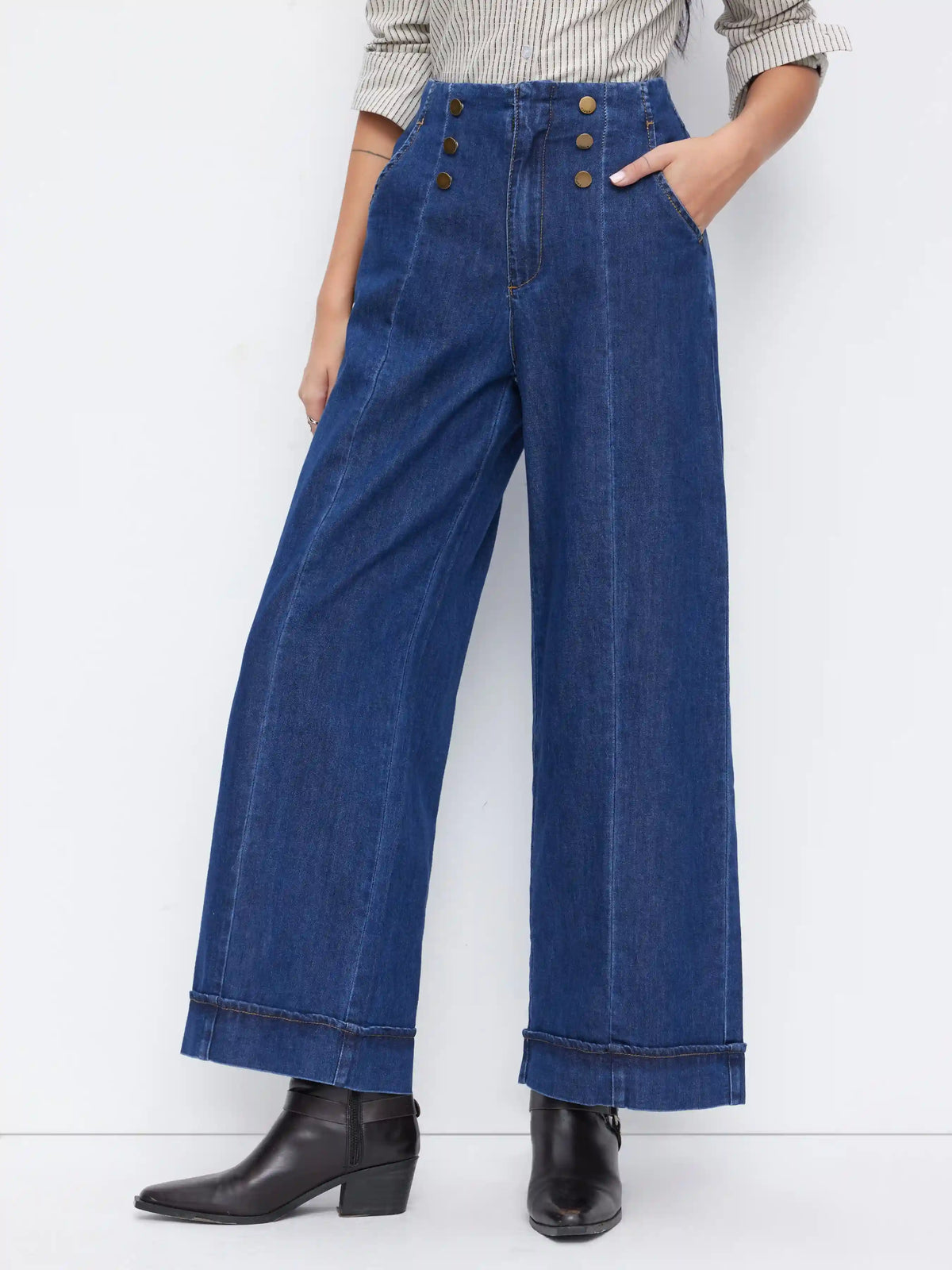 Stretch Denim Mid Rise Button Wide Leg Jeans