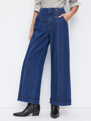 Stretch Denim Mid Rise Button Wide Leg Jeans