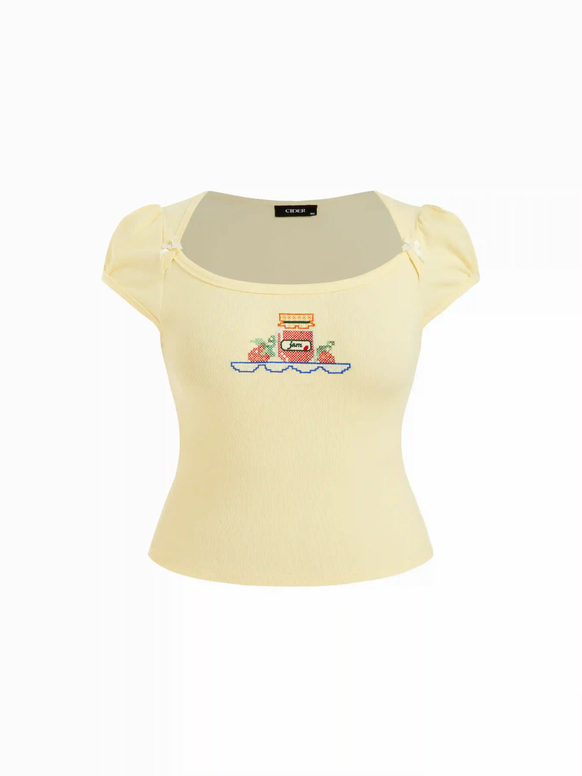 Cotton-blend Fruit Embroidery Bowknot Short Sleeve Tee Curve & Plus