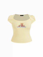 Cotton-blend Fruit Embroidery Bowknot Short Sleeve Tee Curve & Plus