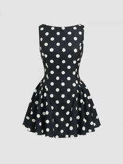 Boat Neck Knotted Polka Dot Backless Mini Dress