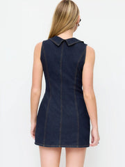 Stretch Washed Denim Collar Shirt Mini Dress