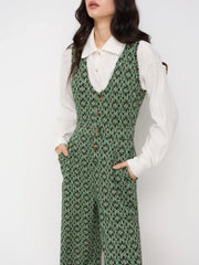 Floral V-neck Button Wide Leg Jumpsuit