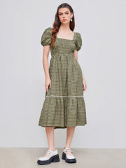 Square Neck Gingham Shirred Ruffle Puff Sleeve Maxi Dress