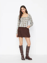 U-neckline Plaid Cinched Waist Ruched Knotted Long Sleeve Blouse
