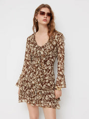 Two Pieces V-neck Floral Ruffle Knotted Mini Dress With Cami Mini Dress