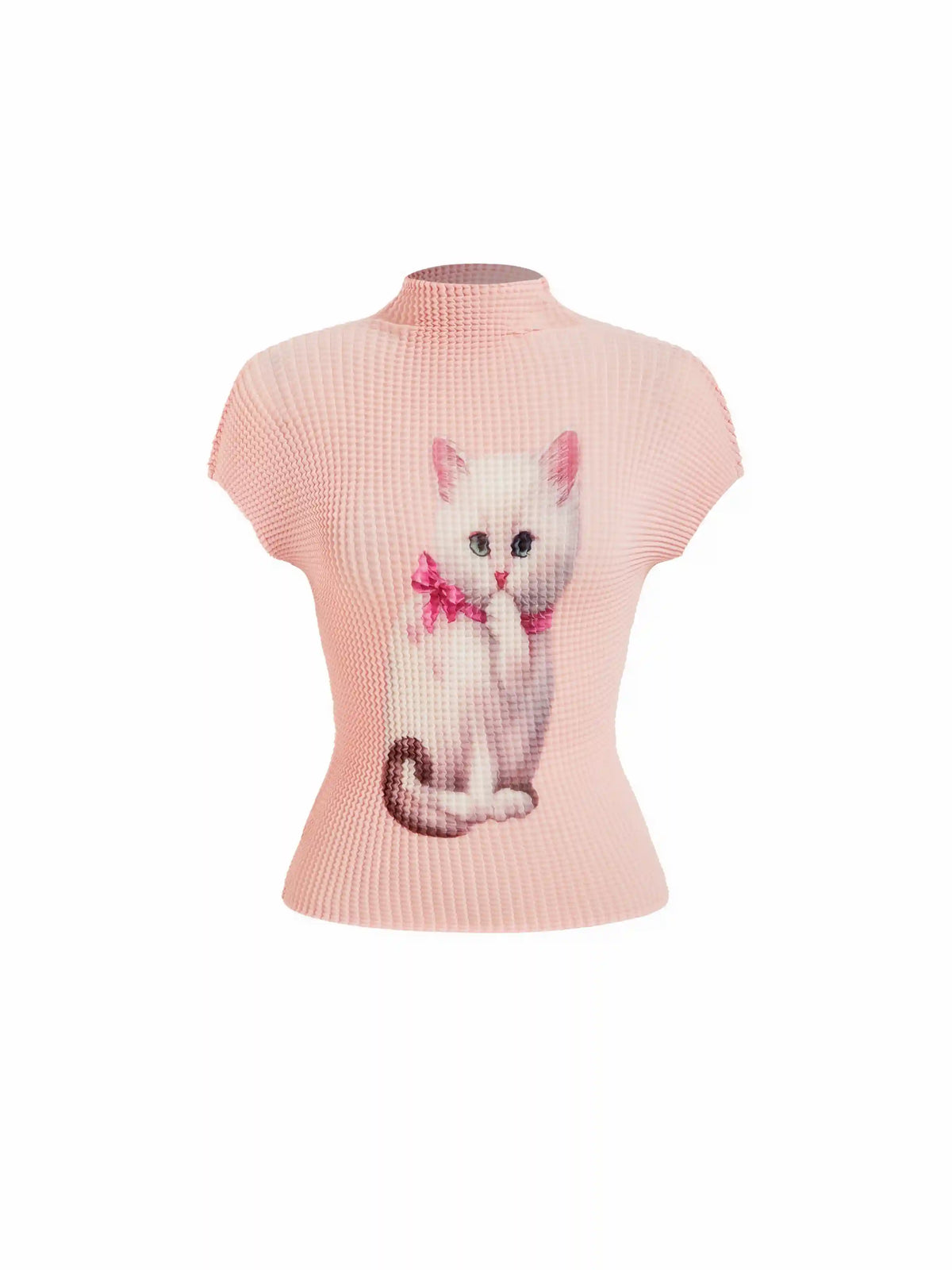 Textured High Neck Cat Graphic Short Sleeve Tee