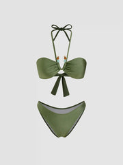 Halter Neckline Beaded Ruched Cheeky Bikini Set