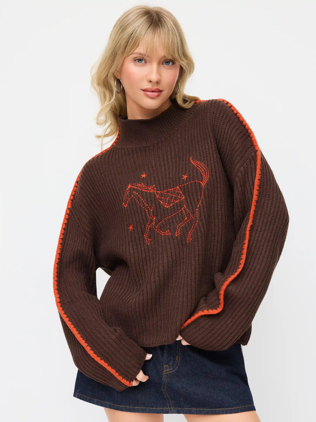 Knit High Neck Horse Embroidery Stitch Oversized Sweater