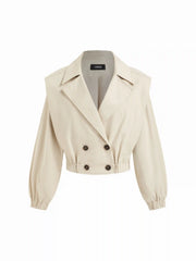 Cotton Notched Collar Double Breasted Elastic Waist Cropped Jacket