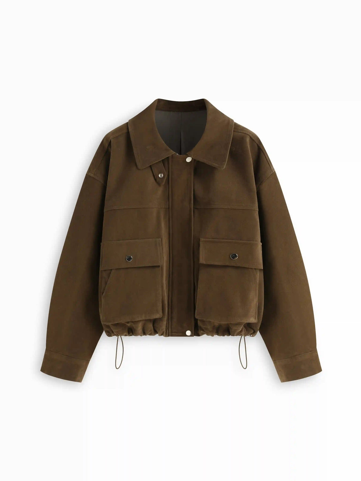 Suede Collar Zip Through Drawstring Long Sleeve Jacket