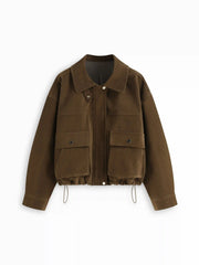 Suede Collar Zip Through Drawstring Long Sleeve Jacket