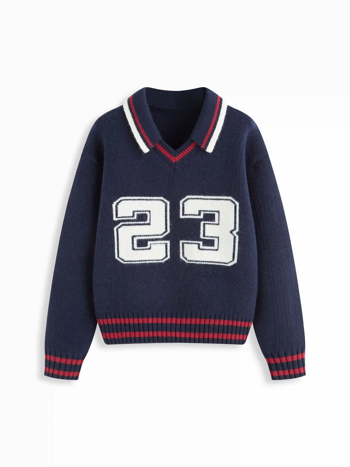 23 Knit Collar V-neck Long Sleeve Contrasting Binding Top