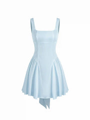Satin Square Neck Solid Ruffle Knotted Mini Dress
