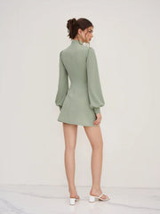 High Neck Ruffle Puff Sleeve Mini Dress