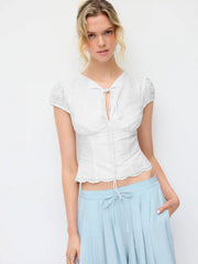 Cotton Broderie Anglaise Puff Sleeve Bowknot Blouse