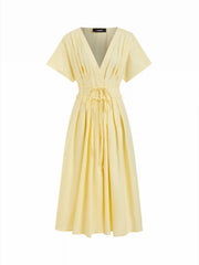 Linen-blend V-neck Pleated Knotted A-line Maxi Dress