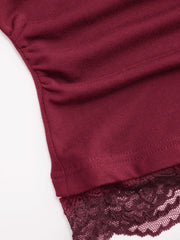 Collar Long Sleeve Contrasting Lace Ruched Top