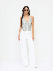 Cotton-blend Striped Halter Neck Backless Top