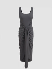 Square Neck Solid Twist Knotted Maxi Dress