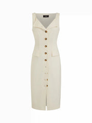 Cotton Square Neck Button Through Tie Back Straight Midi Dress