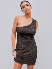 Mesh Asymmetrical Neck Solid Mini Dress