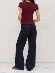 Cotton-blend Bowknot Heart Lace Trim Ruched Tee