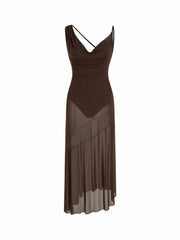 Mesh Cowl Neck Backless See-through Ruffle Hem Maxi Bodysuit Dress