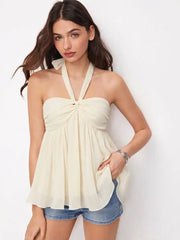 Halter Neckline Ruched Twist Knotted Blouse