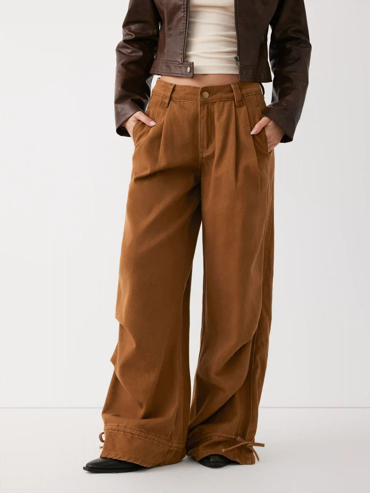 Washed Denim Low Rise Drawstring Wide Leg Trousers