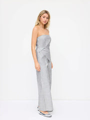 Cotton-blend Stripe Asymmetrical Hem Ruched Shirred Wide Leg Bandeau Jumpsuit