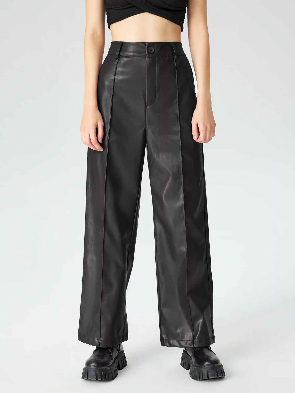 Faux Leather Solid High Waist  Wide Leg Trousers