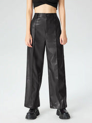 Faux Leather Solid High Waist  Wide Leg Trousers