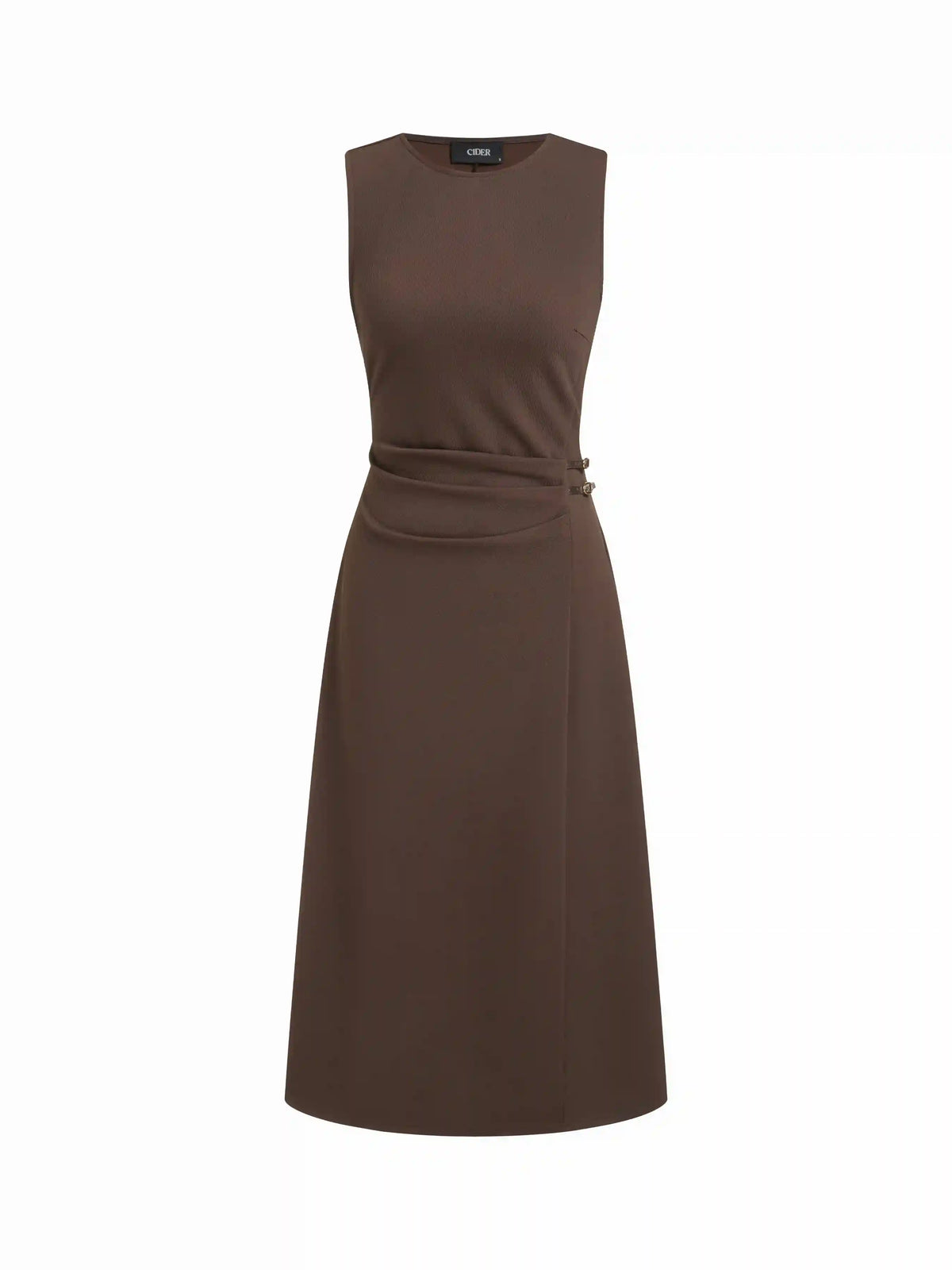 Round Neckline Belted Zip Through Ruched Midi Dress