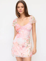 Mesh Floral V-neck Ruffle Sleeve Lace Trim A-line Mini Dress