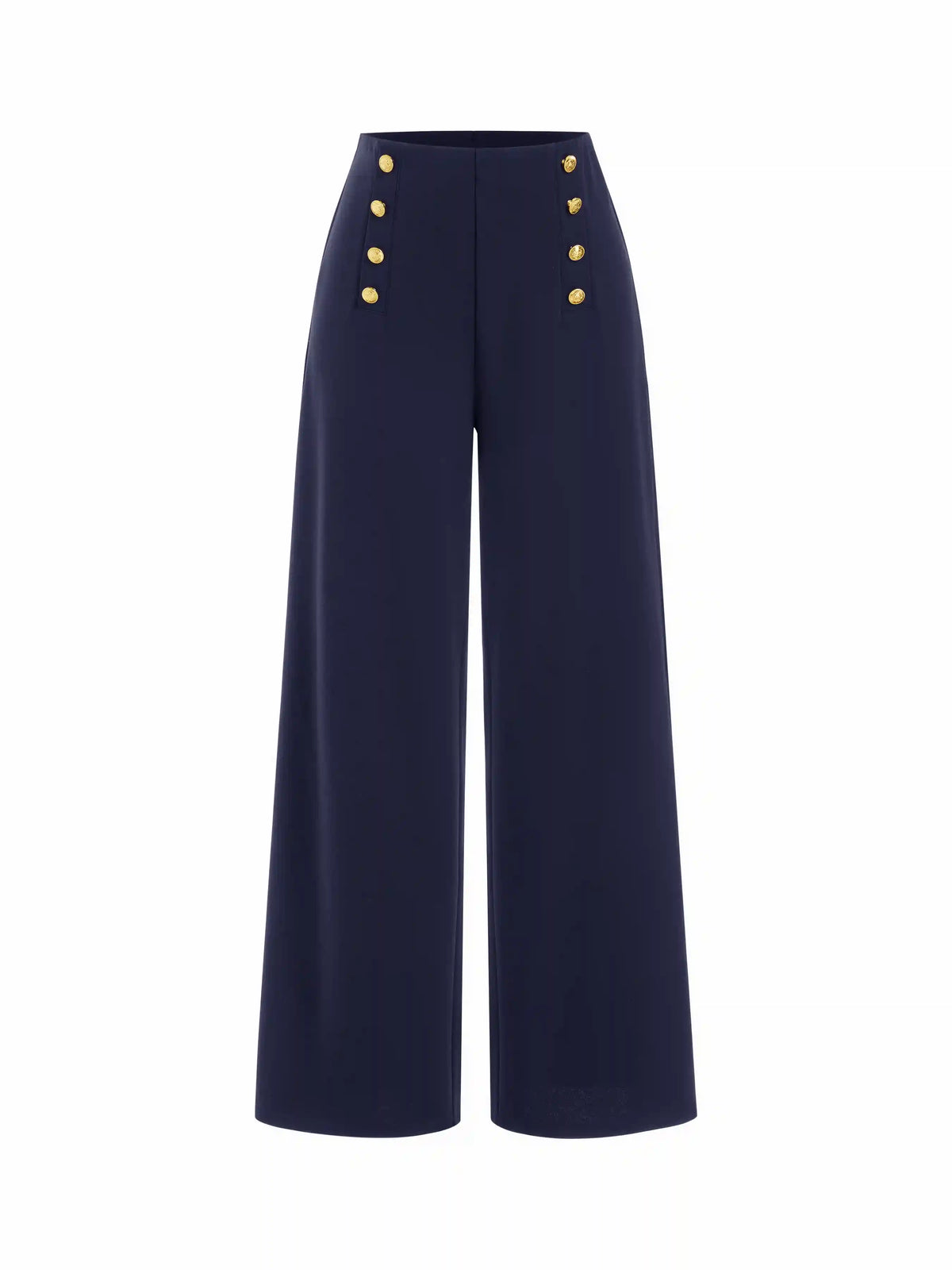 Mid Rise Solid Metal Button Wide Leg Trousers