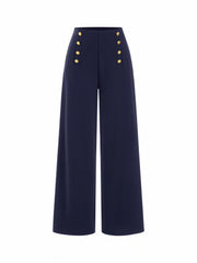 Mid Rise Solid Metal Button Wide Leg Trousers