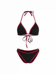 Cotton-Blend Halter Neck Contrasting Binding Triangle Cheeky Bikini Set