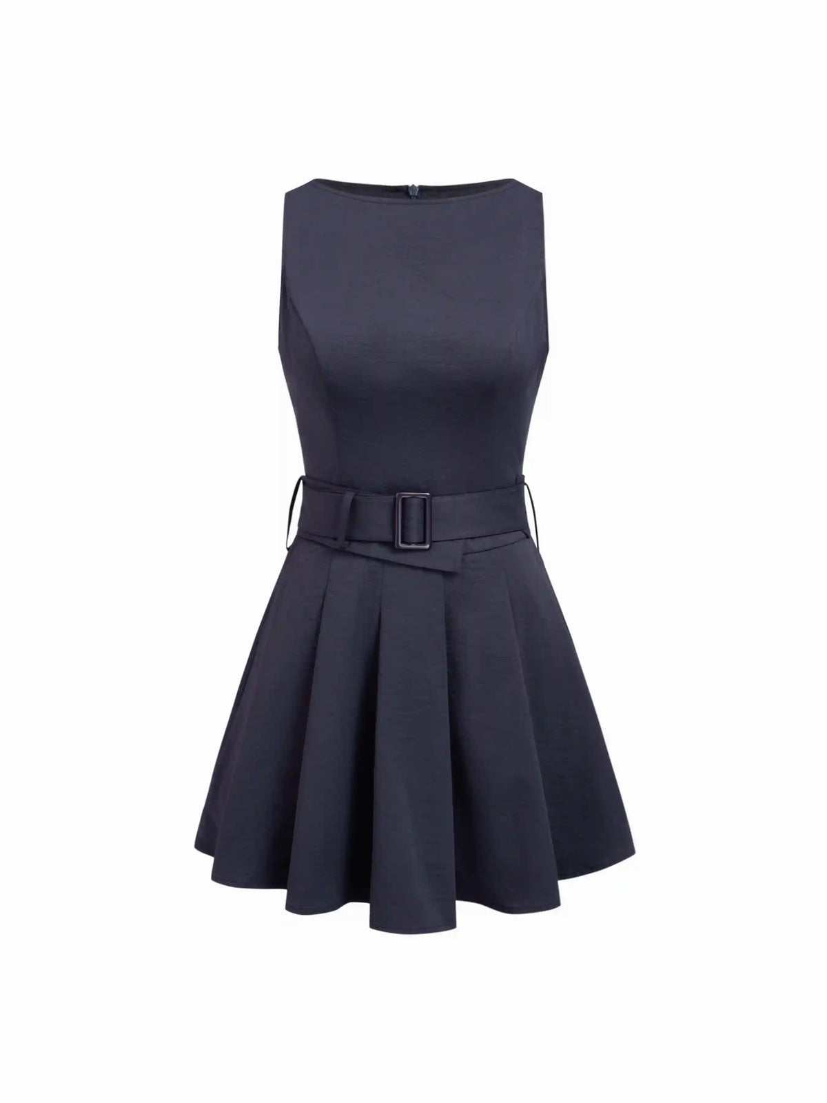 Pleated Belted Sleeveless A-line Mini Dress
