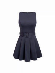 Pleated Belted Sleeveless A-line Mini Dress