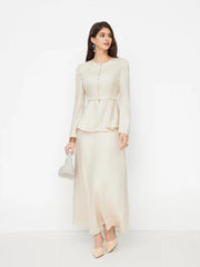 Round Neckline Tie Back Peplum Top & Mid Rise Maxi Skirt Set