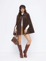 Wool-Look Collar Plaid Cloak Sleeve Oversized Coat