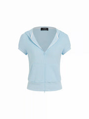 Cotton-blend Terry Hooded Short Sleeve Zip Through Pocket Tee