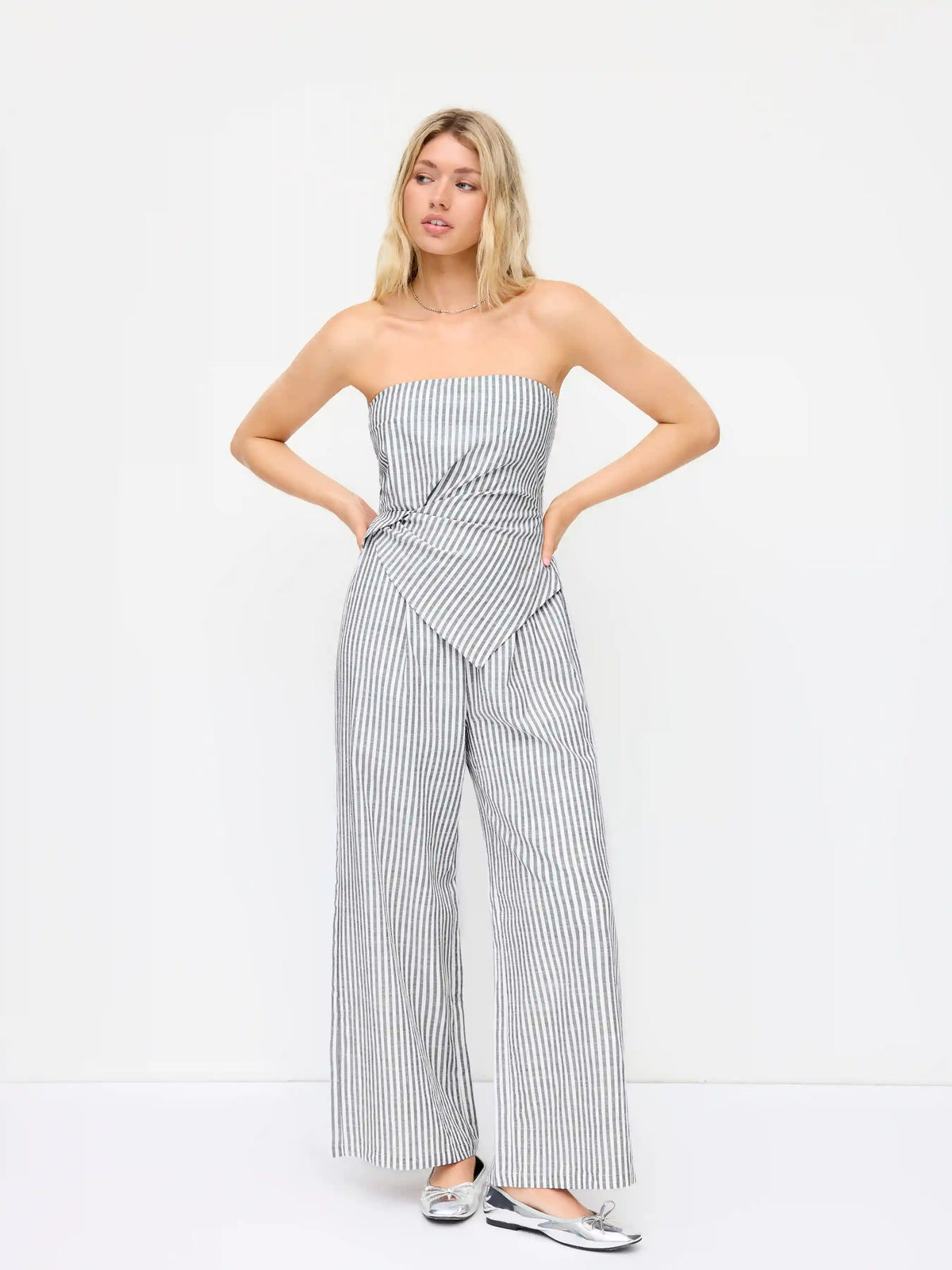 Cotton-blend Stripe Asymmetrical Hem Ruched Shirred Wide Leg Bandeau Jumpsuit