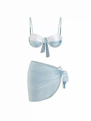 Patchy Braid Trim Ruched Bikini Set With Sarong